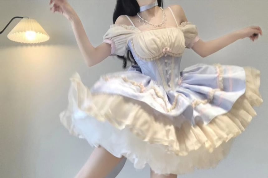 Halter Bow Lace Trim A-Line Corset Dress / Puff Arm Sleeves / Bow / Petticoat Skirt / Set