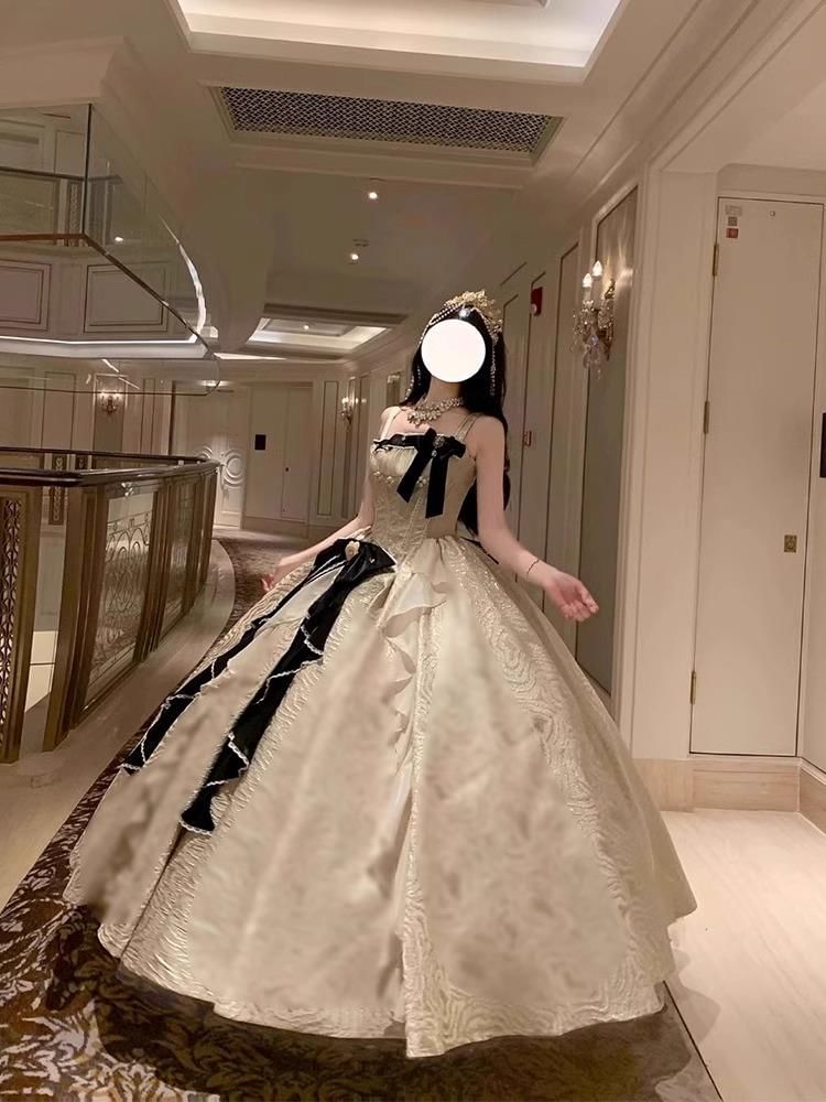 Spaghetti Strap Faux Pearl Bow Ruffle Trim A-Line Evening Gown / Petticoat Skirt / Set