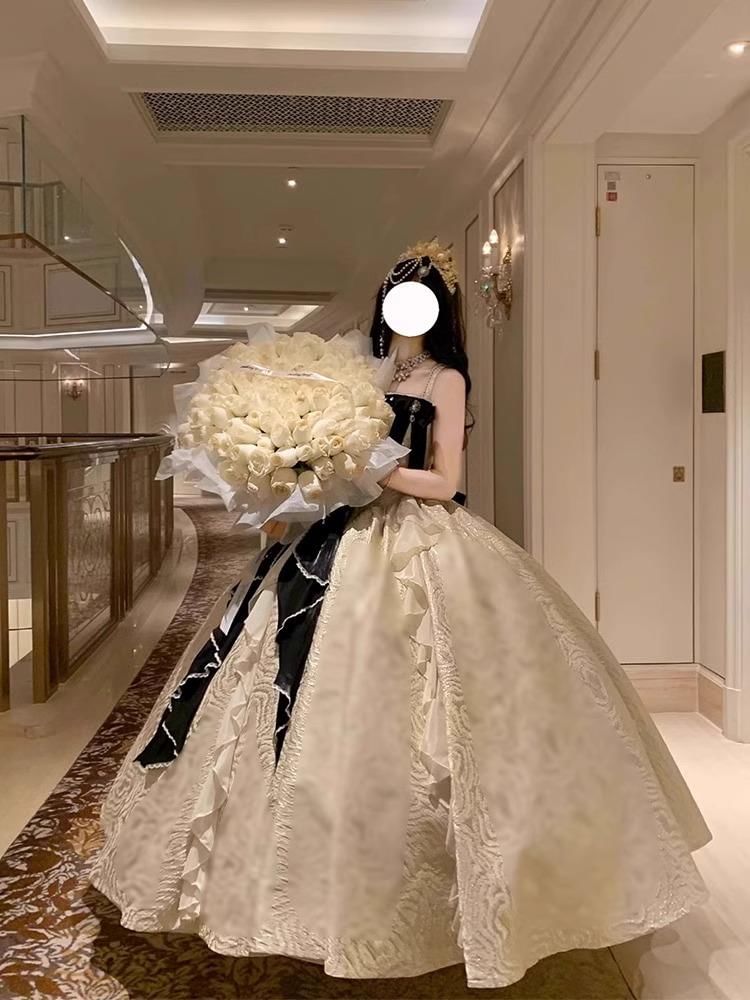 Faux Bow Strap / Ruffle Spaghetti Trim Skirt Evening A-Line Pearl Petticoat Gown Set