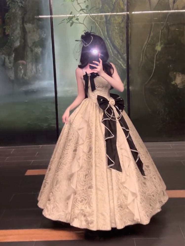 Faux Bow Strap / Ruffle Spaghetti Trim Skirt Evening A-Line Pearl Petticoat Gown Set