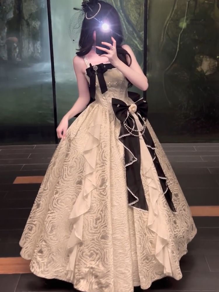 Spaghetti Strap Faux Pearl Bow Ruffle Trim A-Line Evening Gown / Petticoat Skirt / Set