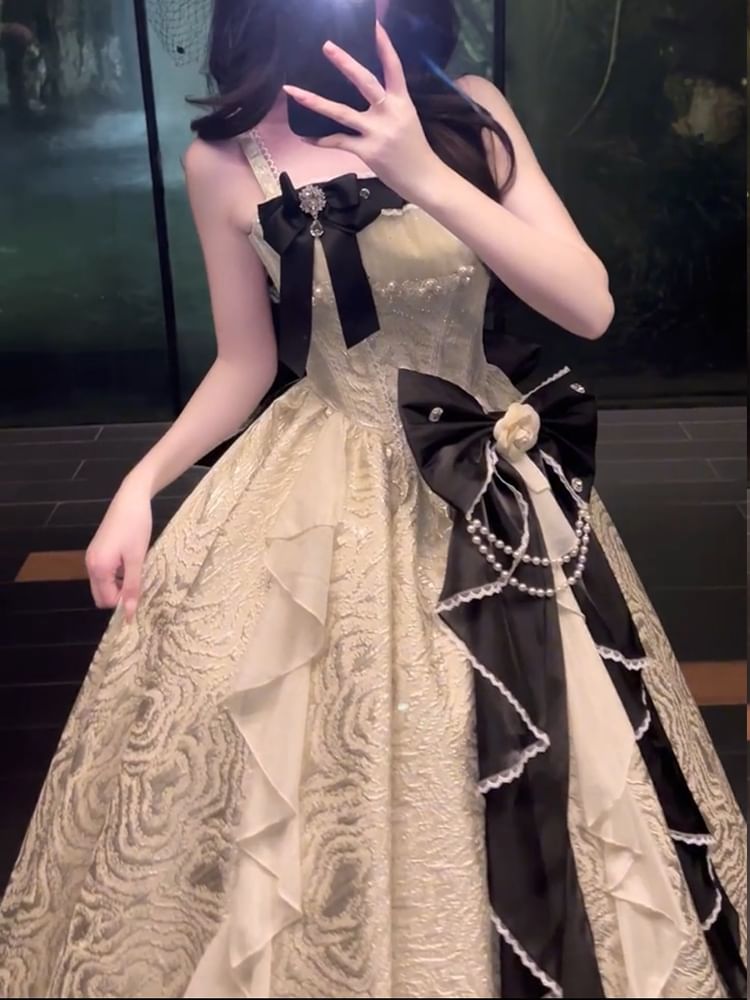 Spaghetti Strap Faux Pearl Bow Ruffle Trim A-Line Evening Gown / Petticoat Skirt / Set