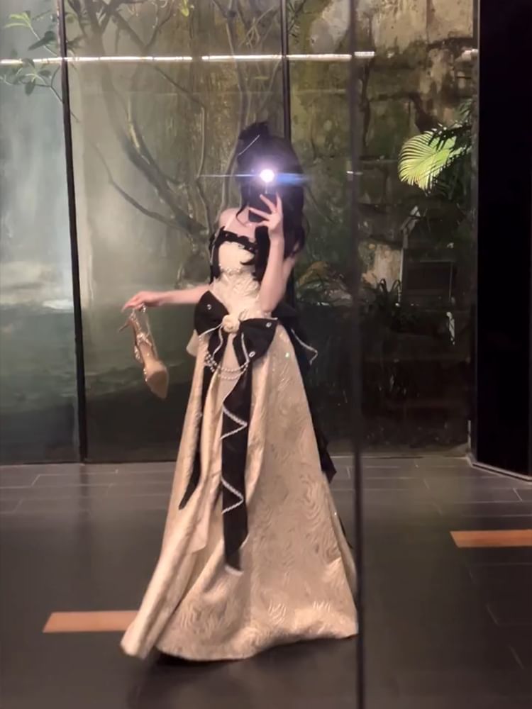 Faux Bow Strap / Ruffle Spaghetti Trim Skirt Evening A-Line Pearl Petticoat Gown Set