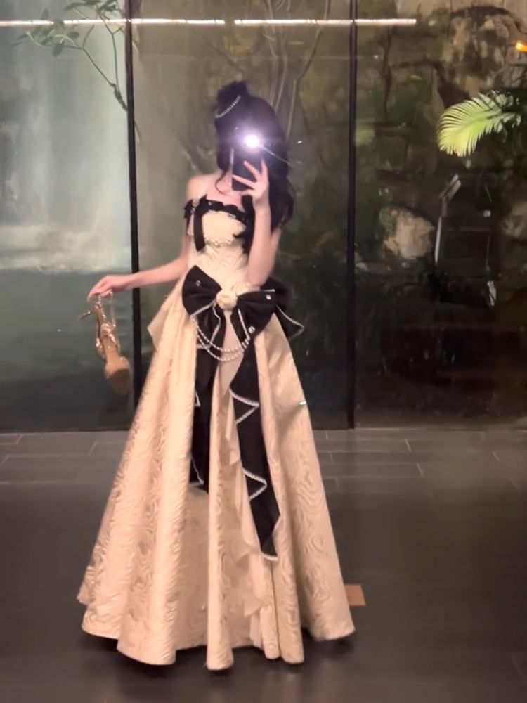 Spaghetti Strap Faux Pearl Bow Ruffle Trim A-Line Evening Gown / Petticoat Skirt / Set