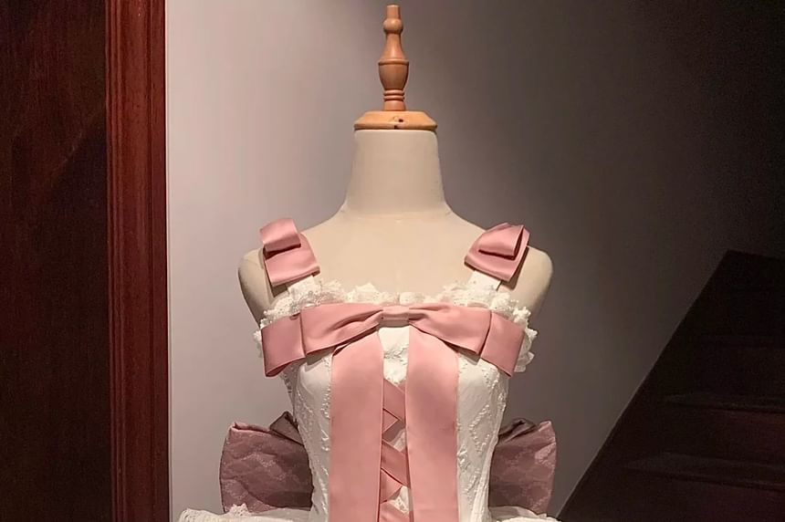 Strapless Bow Tiered Lace Trim Mini A-Line Dress / Shoulder Strap / Choker / Veil /  Arm Sleeve / Train / Set