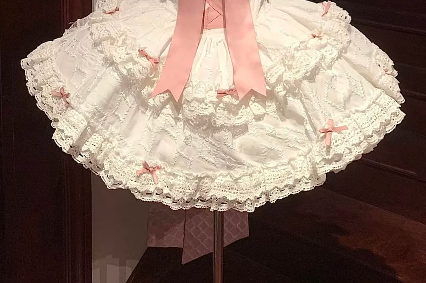 Strapless Bow Tiered Lace Trim Mini A-Line Dress / Shoulder Strap / Choker / Veil /  Arm Sleeve / Train / Set