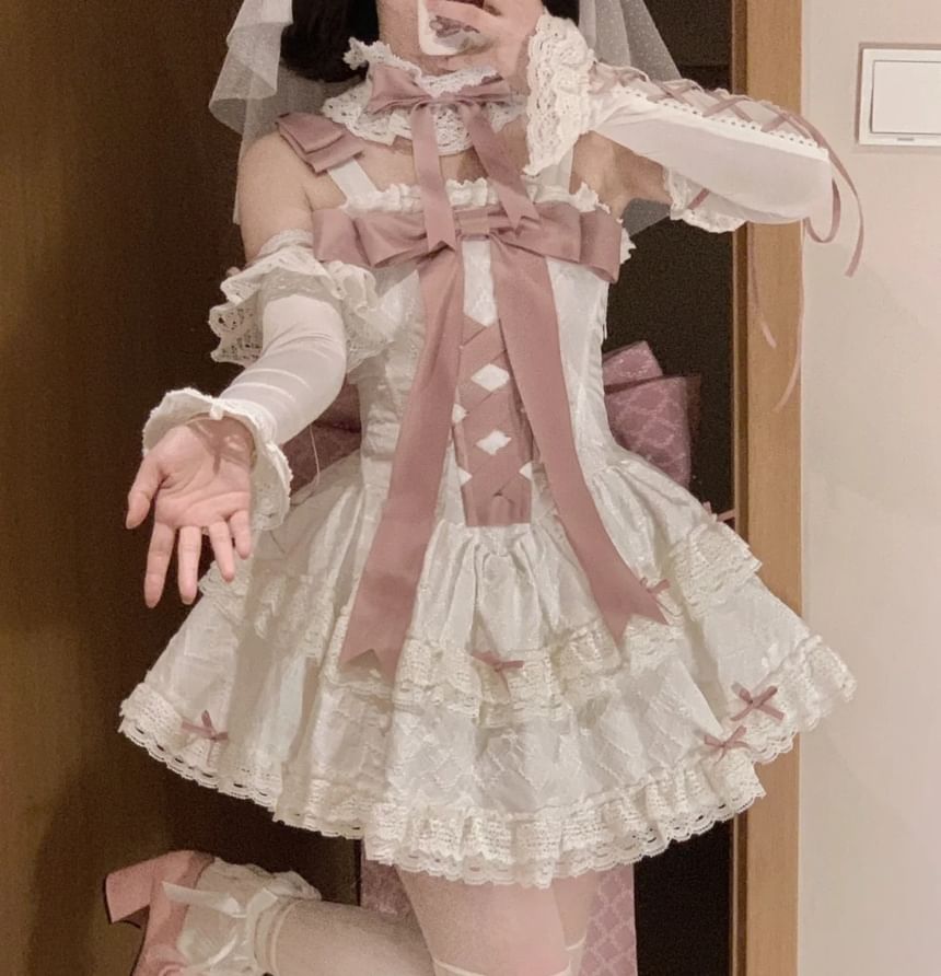 Strapless Bow Tiered Lace Trim Mini A-Line Dress / Shoulder Strap / Choker / Veil /  Arm Sleeve / Train / Set