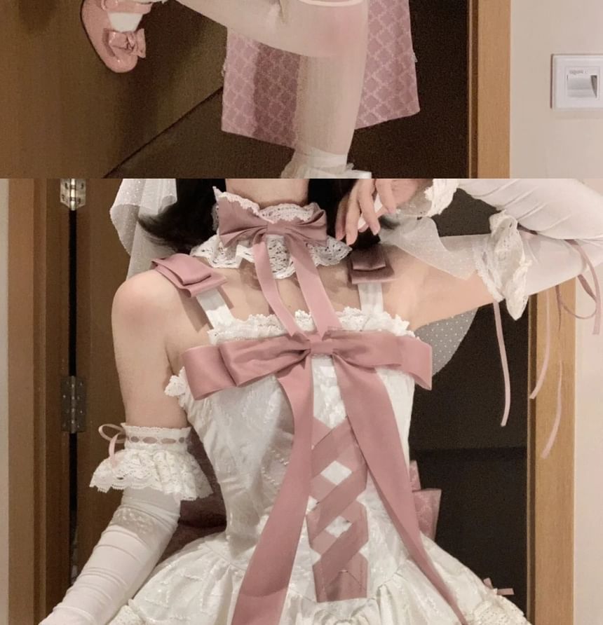 Strapless Bow Tiered Lace Trim Mini A-Line Dress / Shoulder Strap / Choker / Veil /  Arm Sleeve / Train / Set