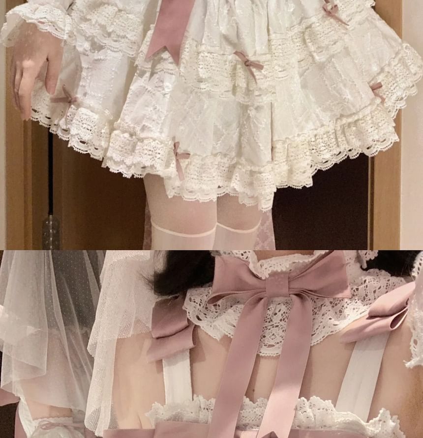 Strapless Bow Tiered Lace Trim Mini A-Line Dress / Shoulder Strap / Choker / Veil /  Arm Sleeve / Train / Set