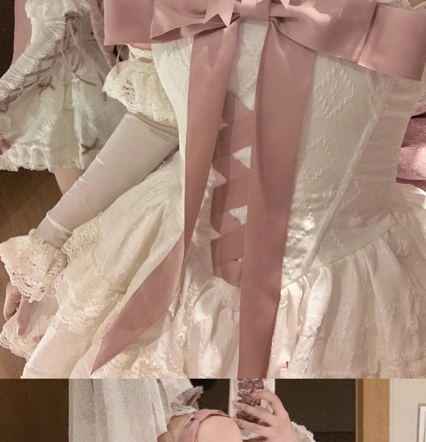 Strapless Bow Tiered Lace Trim Mini A-Line Dress / Shoulder Strap / Choker / Veil /  Arm Sleeve / Train / Set