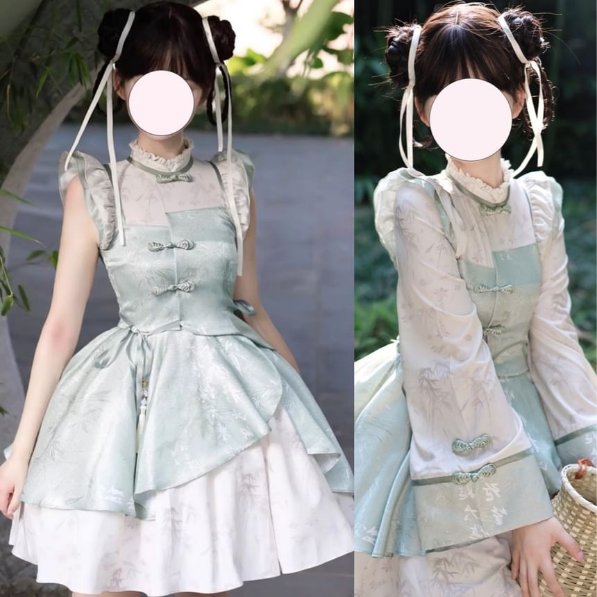 Detachable Long-Sleeve Bamboo Jacquard Frog Button Ruffle Trim Mini A-Line Dress / Petticoat Skirt / Set