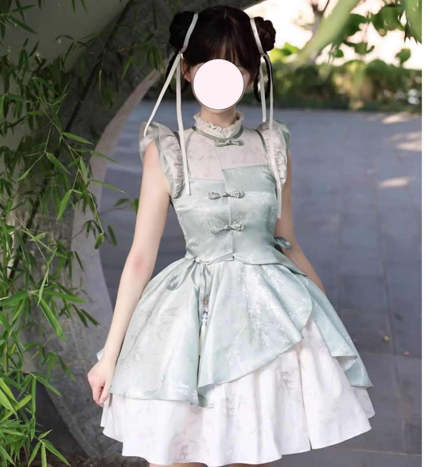 Detachable Long-Sleeve Bamboo Jacquard Frog Button Ruffle Trim Mini A-Line Dress / Petticoat Skirt / Set