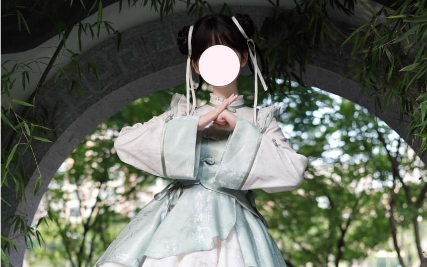 Detachable Long-Sleeve Bamboo Jacquard Frog Button Ruffle Trim Mini A-Line Dress / Petticoat Skirt / Set