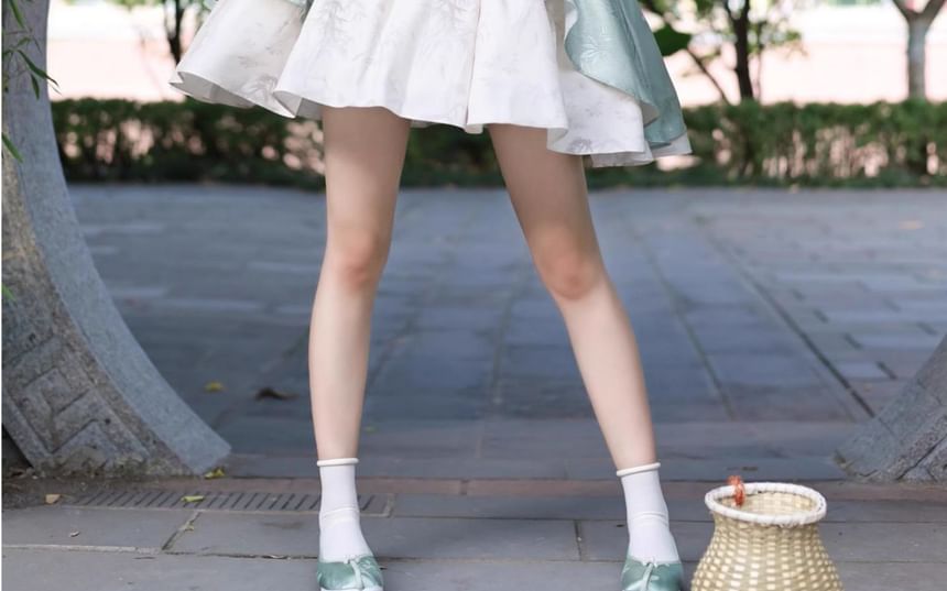 Detachable Long-Sleeve Bamboo Jacquard Frog Button Ruffle Trim Mini A-Line Dress / Petticoat Skirt / Set