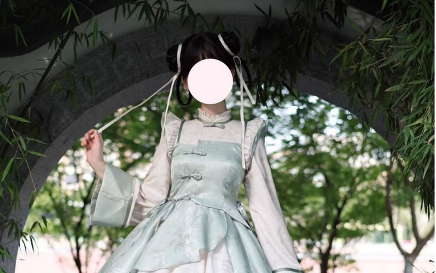 Detachable Long-Sleeve Bamboo Jacquard Frog Button Ruffle Trim Mini A-Line Dress / Petticoat Skirt / Set