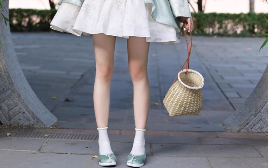 Detachable Long-Sleeve Bamboo Jacquard Frog Button Ruffle Trim Mini A-Line Dress / Petticoat Skirt / Set