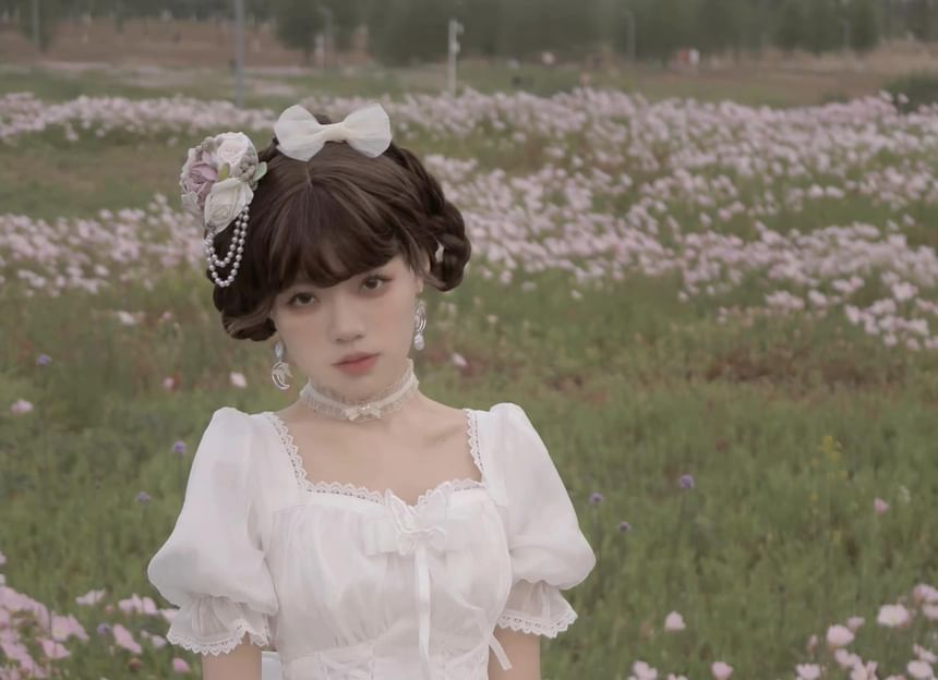 Puff-Sleeve Butterfly Applique Tiered Lace Trim A-Line Dress / Bow / Brooch / Petticoat Skirt / Set