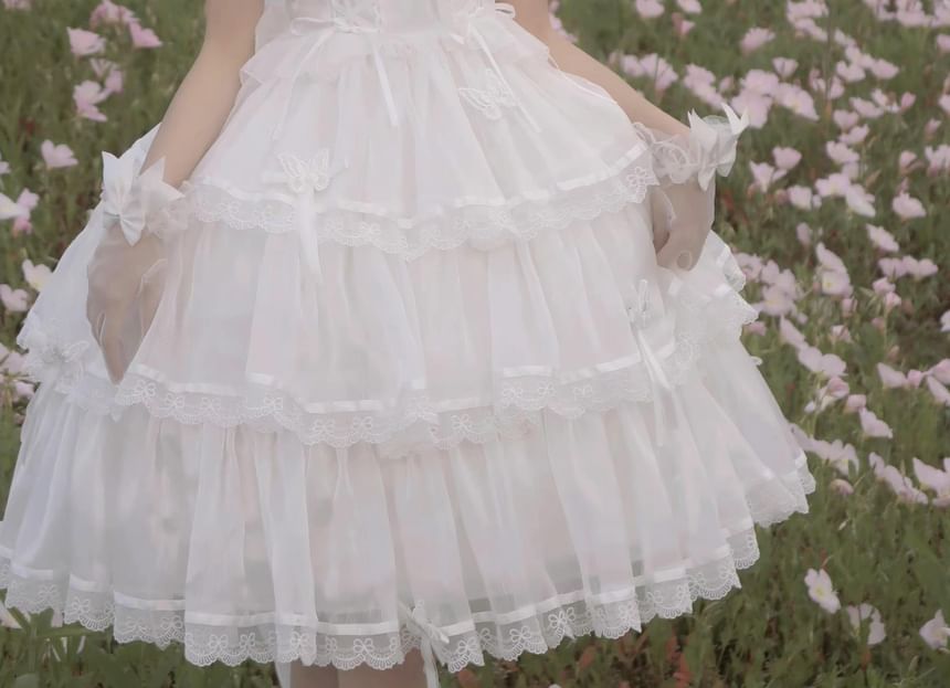 Puff-Sleeve Butterfly Applique Tiered Lace Trim A-Line Dress / Bow / Brooch / Petticoat Skirt / Set