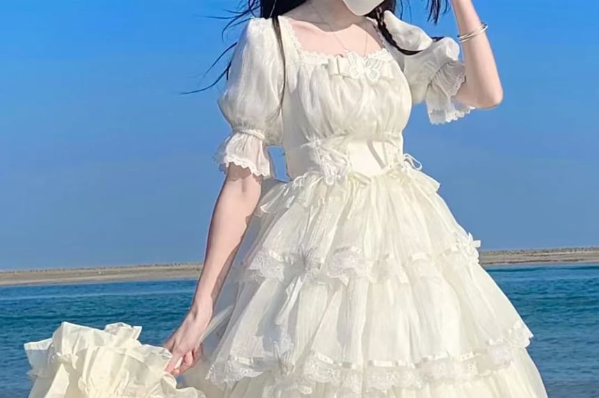 Puff-Sleeve Butterfly Applique Tiered Lace Trim A-Line Dress / Bow / Brooch / Petticoat Skirt / Set