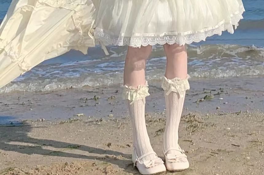 Puff-Sleeve Butterfly Applique Tiered Lace Trim A-Line Dress / Bow / Brooch / Petticoat Skirt / Set