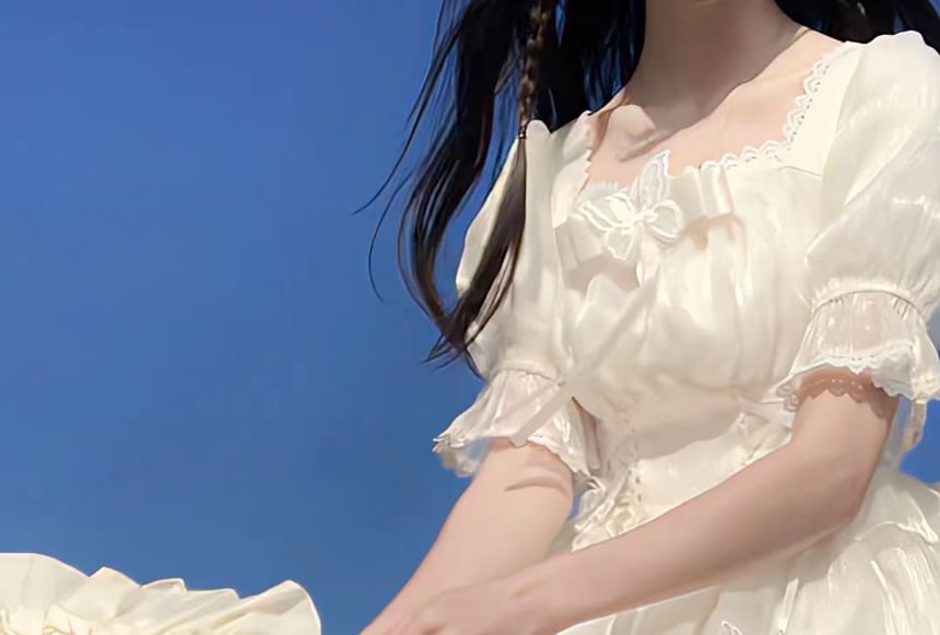 Puff-Sleeve Butterfly Applique Tiered Lace Trim A-Line Dress / Bow / Brooch / Petticoat Skirt / Set