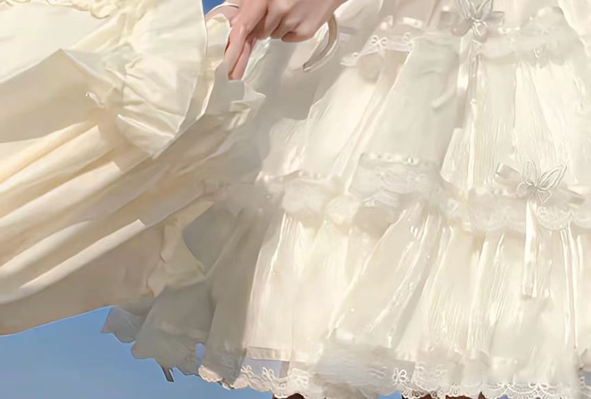 Puff-Sleeve Butterfly Applique Tiered Lace Trim A-Line Dress / Bow / Brooch / Petticoat Skirt / Set