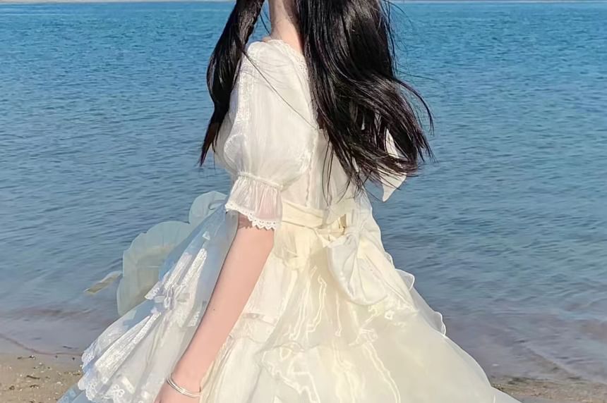 Puff-Sleeve Butterfly Applique Tiered Lace Trim A-Line Dress / Bow / Brooch / Petticoat Skirt / Set