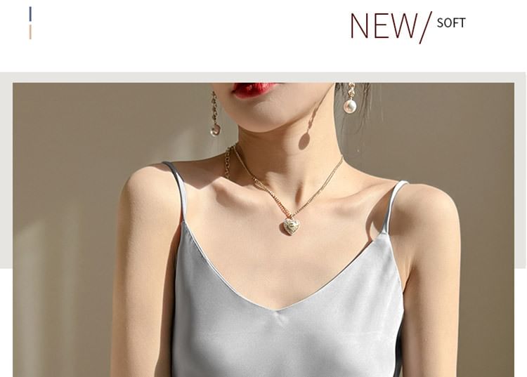 Midi A-Line Strap Satin V-Neck Spaghetti Dress Plain