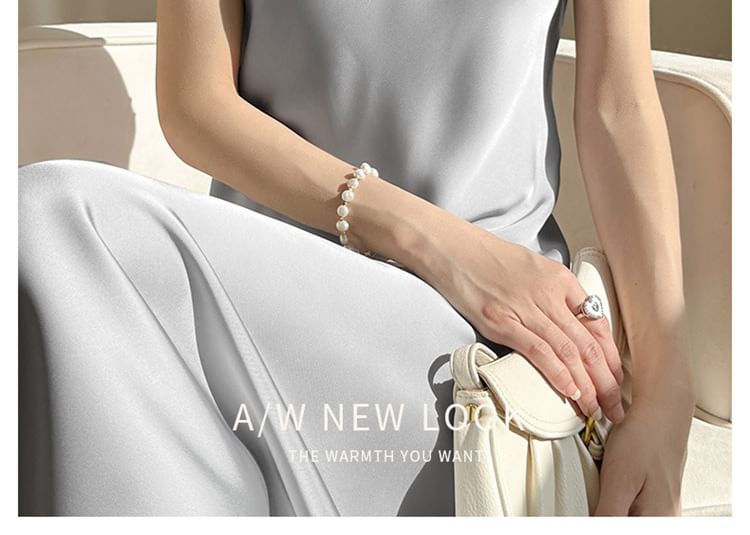 Midi Dress V-Neck Spaghetti A-Line Strap Satin Plain