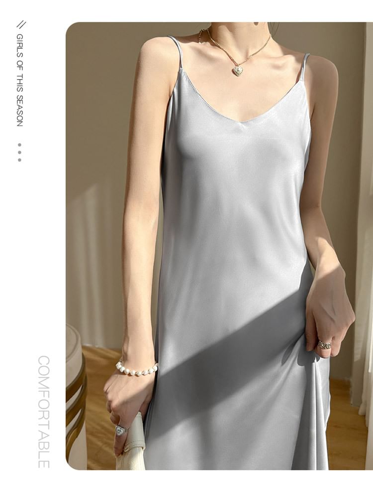 Midi Dress V-Neck Spaghetti A-Line Strap Satin Plain