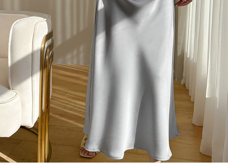 Midi Dress V-Neck Spaghetti A-Line Strap Satin Plain