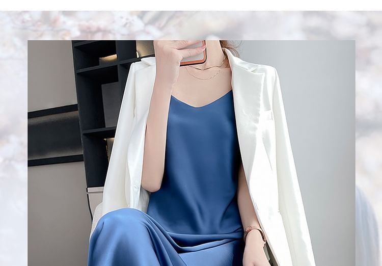 Midi Dress V-Neck Spaghetti A-Line Strap Satin Plain