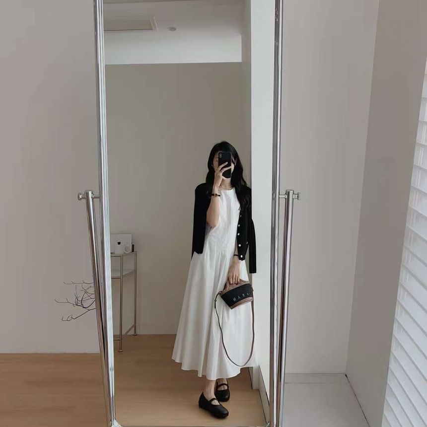 Dress A-Line Neck Pleated Plain Sleeveless Midi Crew