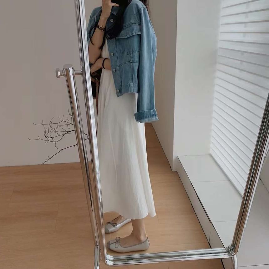 Dress A-Line Neck Pleated Plain Sleeveless Midi Crew