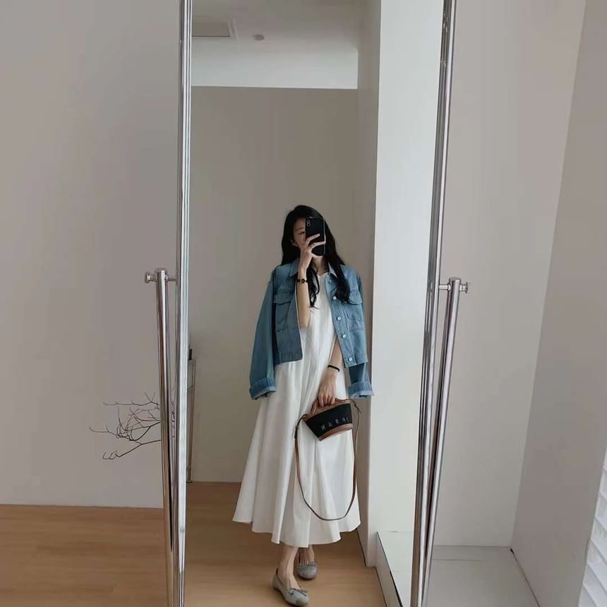 Dress A-Line Neck Pleated Plain Sleeveless Midi Crew