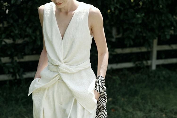 Knot V-Neck / Slit Plain Leg Pants Wide High Top Rise Tank