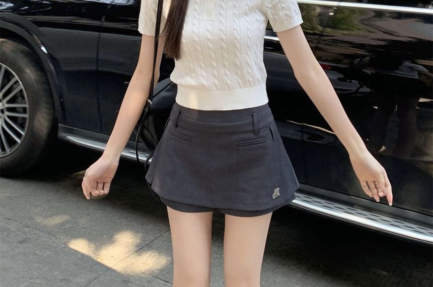 Plain Polo Cable Shirt Short-Sleeve Crop Knit