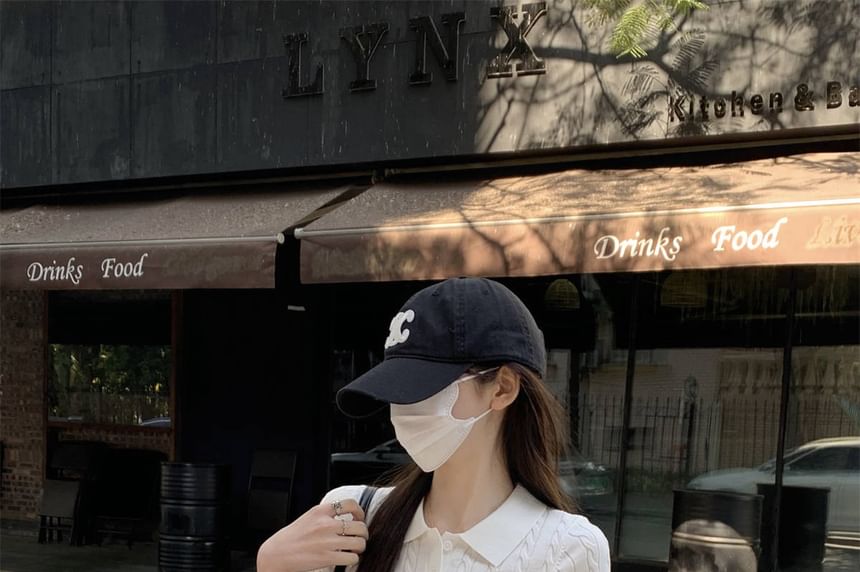 Plain Polo Cable Shirt Short-Sleeve Crop Knit