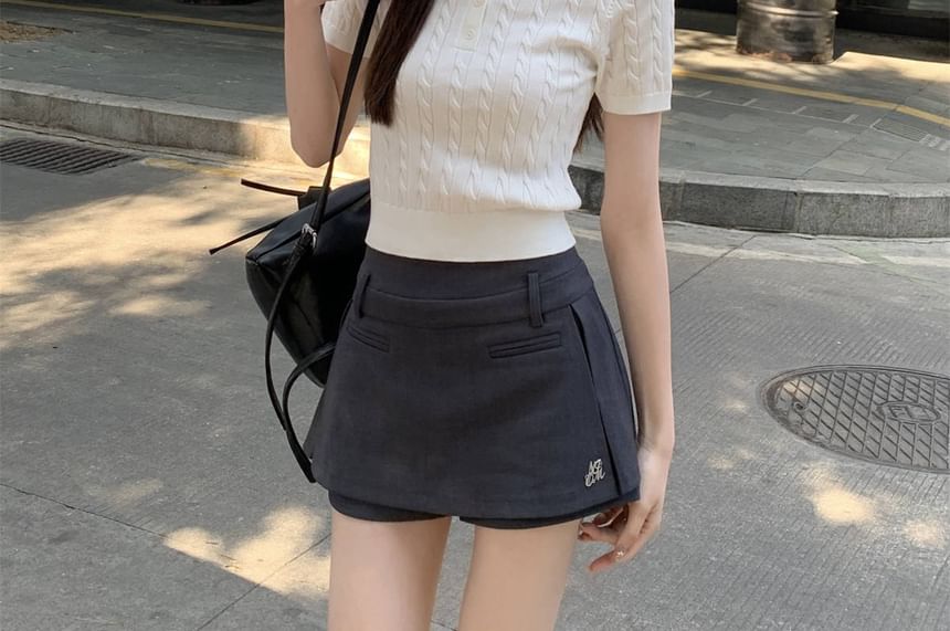 Plain Polo Cable Shirt Short-Sleeve Crop Knit