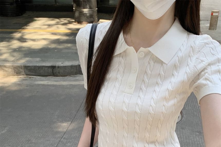 Plain Polo Cable Shirt Short-Sleeve Crop Knit