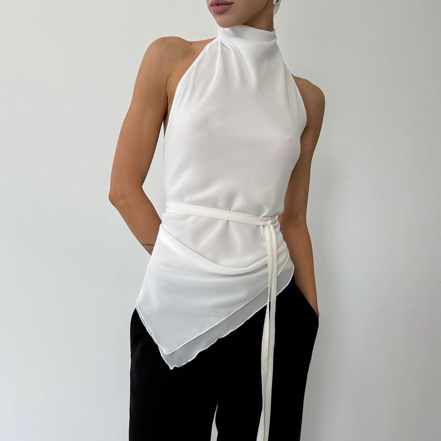 Top Fit Neck Asymmetrical Back Halter Plain Open Slim Mock Crop