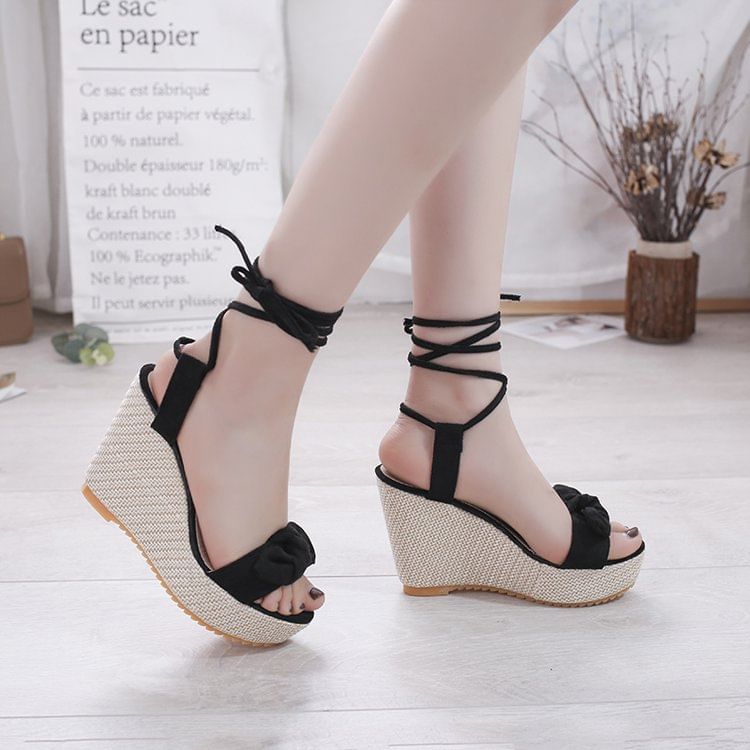 Wedge Sandals Tie-Up Platform Bow