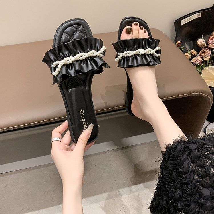 Sandals Slide Faux Pearl Ruffle
