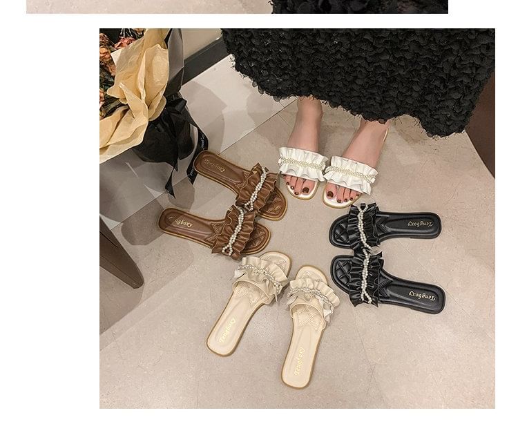 Sandals Slide Faux Pearl Ruffle