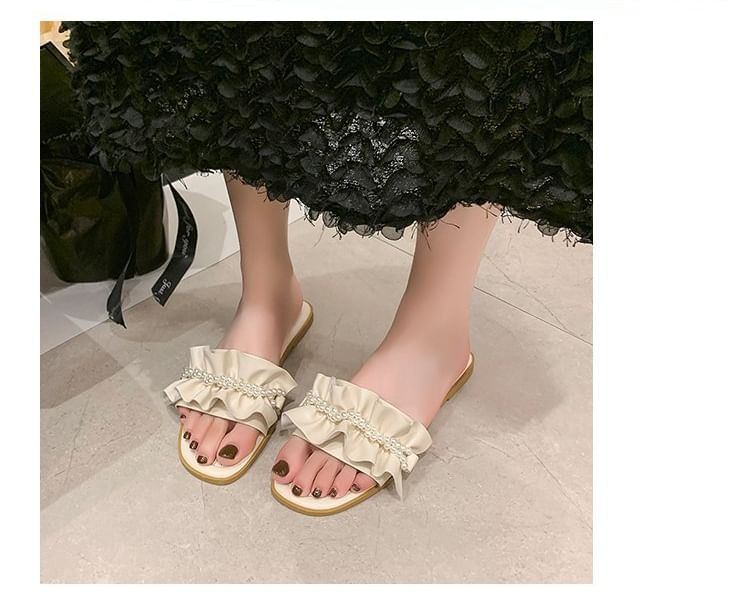 Sandals Slide Faux Pearl Ruffle