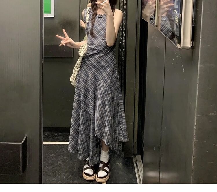 Dress Neck Sleeveless A-Line Maxi Round Plaid Asymmetrical