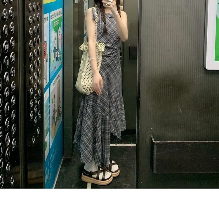 Dress Neck Sleeveless A-Line Maxi Round Plaid Asymmetrical