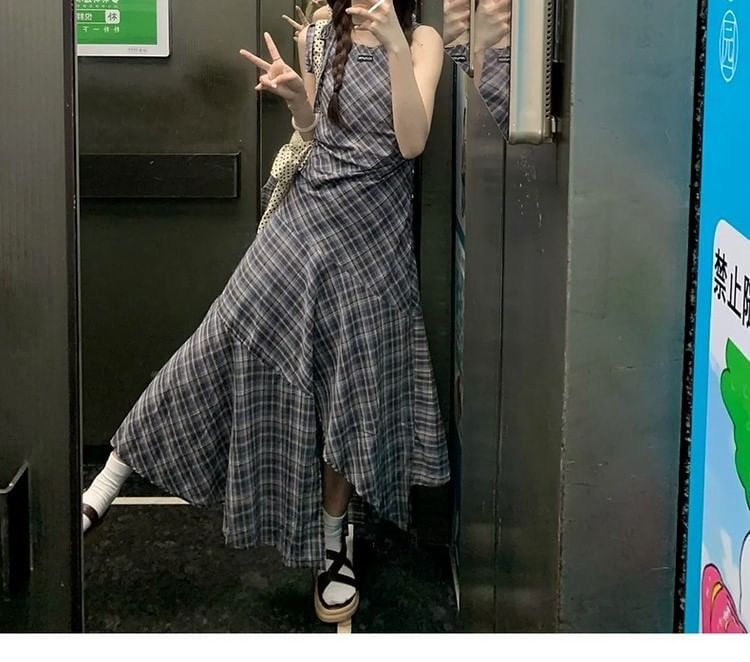 Dress Neck Sleeveless A-Line Maxi Round Plaid Asymmetrical