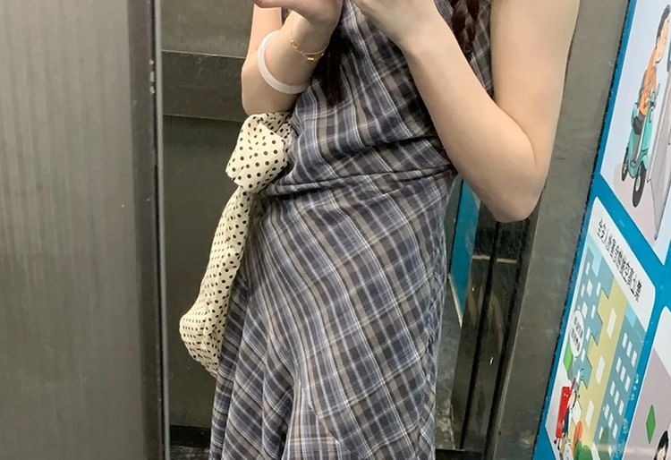 Dress Neck Sleeveless A-Line Maxi Round Plaid Asymmetrical