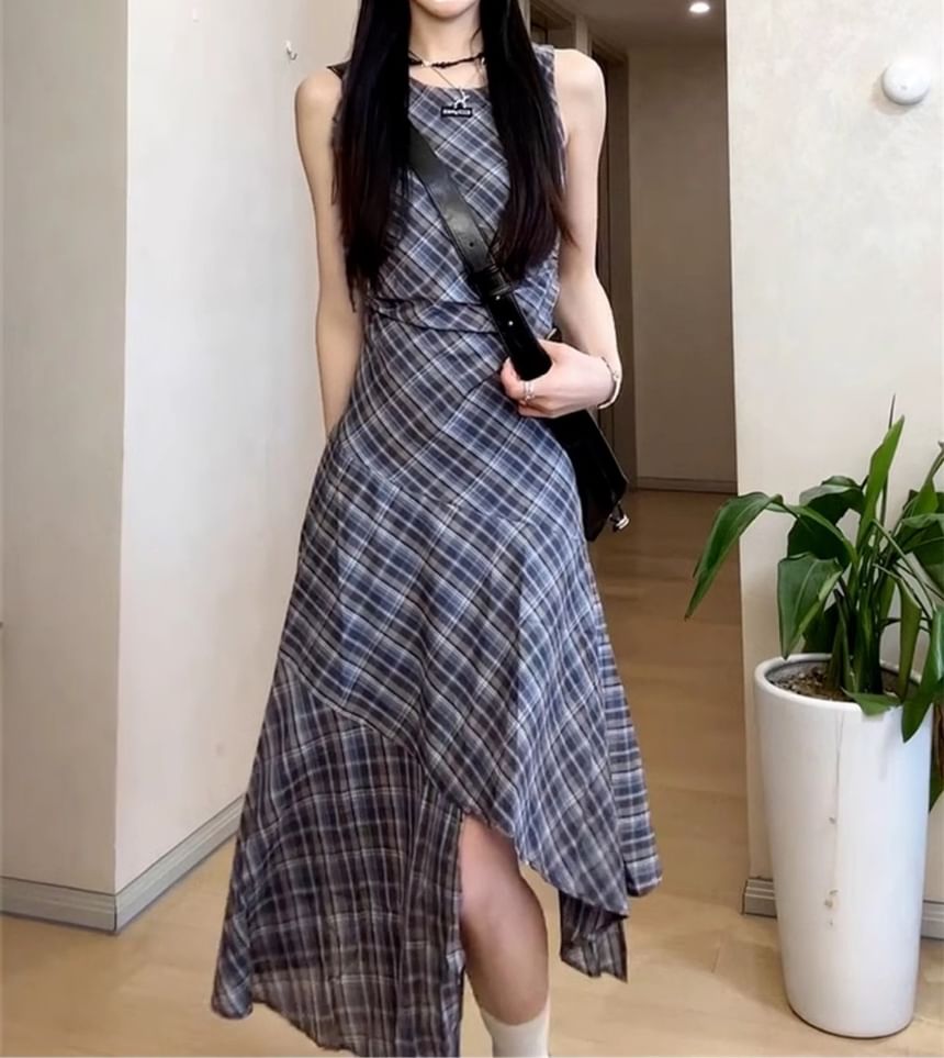 Dress Neck Sleeveless A-Line Maxi Round Plaid Asymmetrical